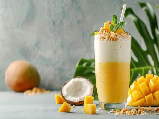 Smoothie de proteína com leite de coco e manga Smoothie de proteína com leite de coco e manga