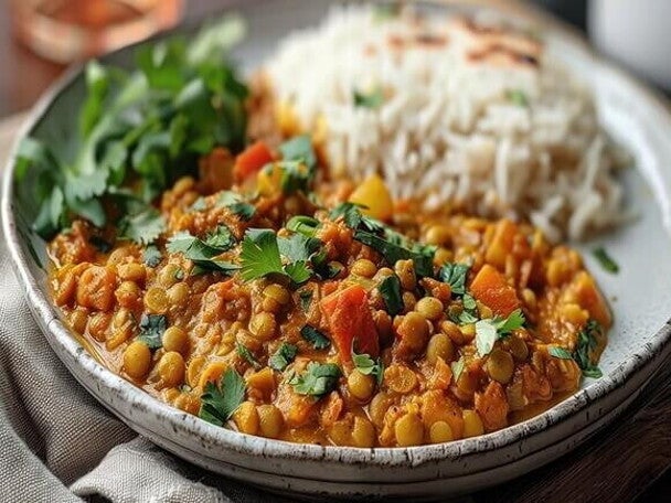 Lentilha com arroz integral e salada de rúcula com tomate Lentilha com arroz integral e salada de rúcula com tomate