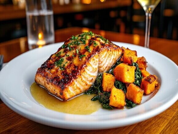 Peixe assado com batata doce + salada de folhas verdes Peixe assado com batata doce + salada de folhas verdes