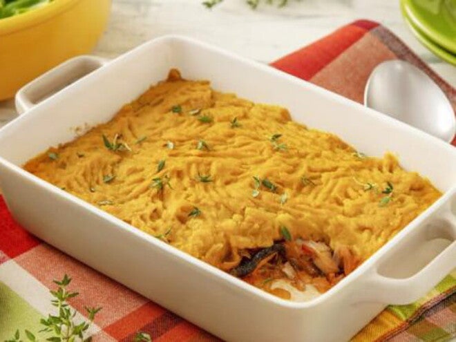 Recipiente com Escondidinho de Abóbora com Shitake Recipiente com Escondidinho de Abóbora com Shitake