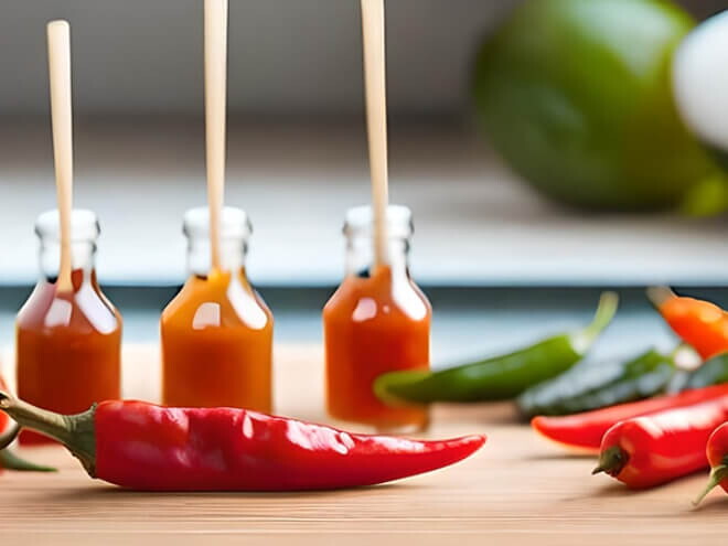 Imagem de várias pimentas e molhos picantes em uma tábua Imagem de várias pimentas e molhos picantes em uma tábua