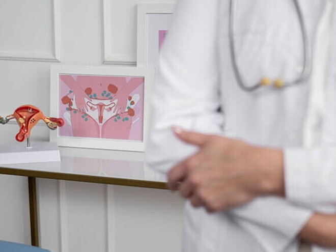 Foco em um modelo anatômico do útero sobre uma mesa, colocada atrás de um médico. Foco em um modelo anatômico do útero sobre uma mesa, colocada atrás de um médico.