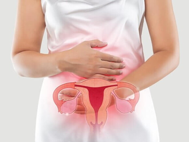 Mulher com as mãos sobre a barriga e na frente uma imagem do sistema reprodutor feminino Mulher com as mãos sobre a barriga e na frente uma imagem do sistema reprodutor feminino