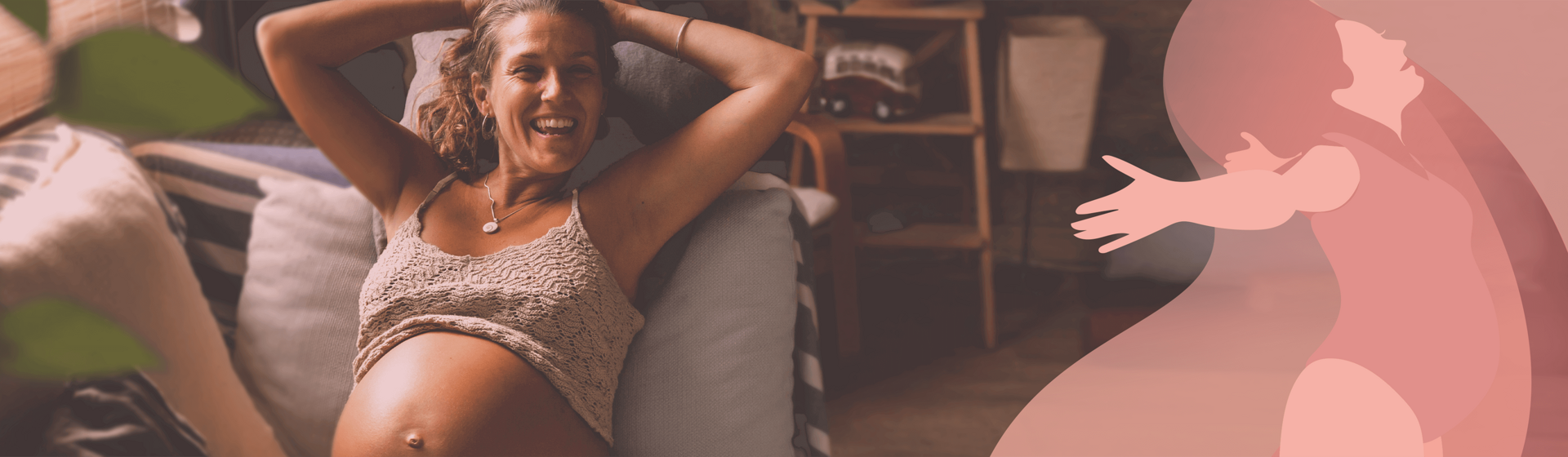 Pregnant woman smiling, with her arms behind her head and top raise to reveal her belly. Pregnant woman smiling, with her arms behind her head and top raise to reveal her belly.