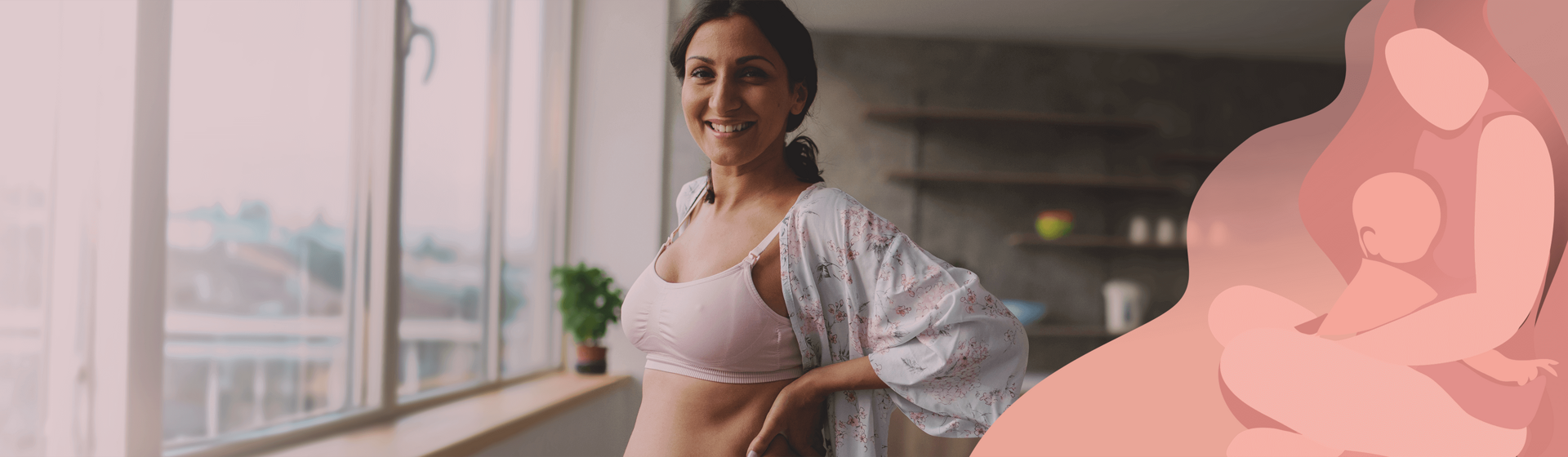 Confident looking woman in a lactation bra, checking her post partum body. Confident looking woman in a lactation bra, checking her post partum body.